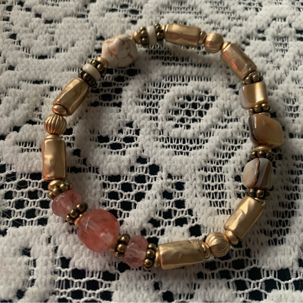 Vintage Beaded Brown Gold Pink Rhinestone Bracelet